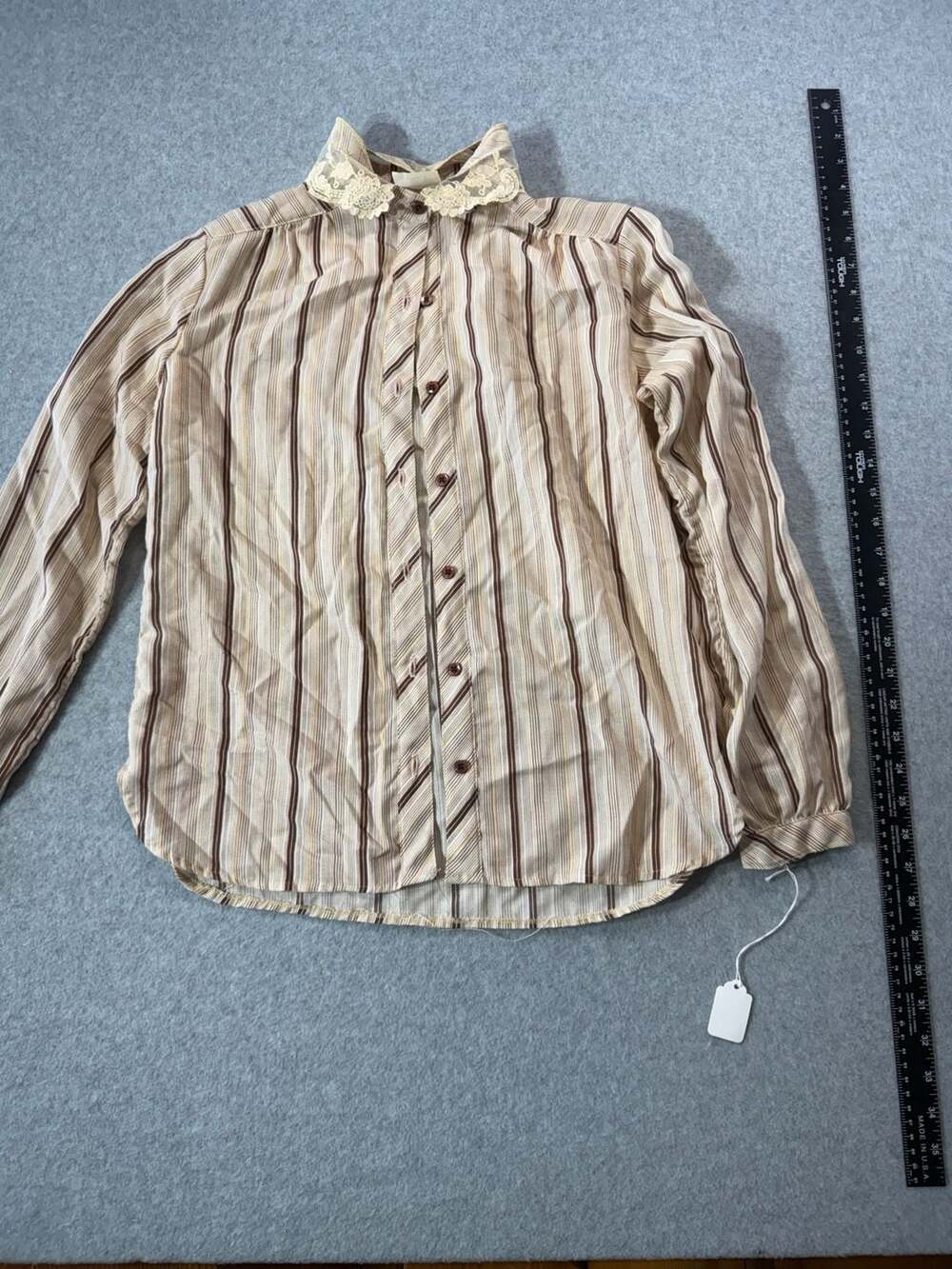 Vintage College Town Lace Collar Striped Button Front Blouse Women M